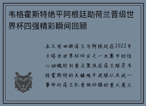 韦格霍斯特绝平阿根廷助荷兰晋级世界杯四强精彩瞬间回顾